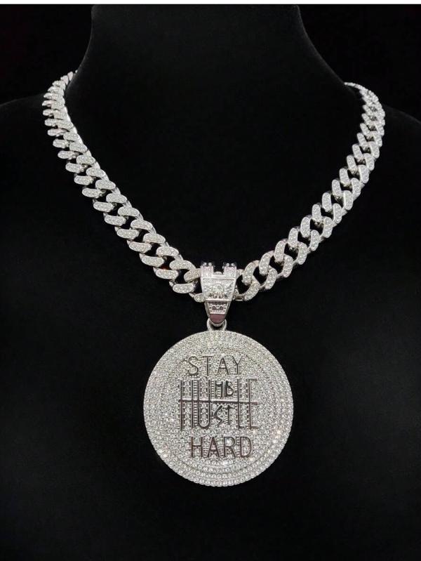 Chaîne Cubaine Miami Iced Out avec Pendentif Rond « STAY HUMBLE HUSTLE HARD »